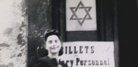 Sala Garncarz in front of Ansbach Synagogue, Fall 1945