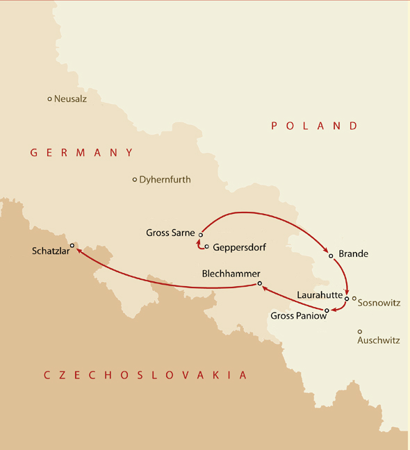 This map illustrates the sequence and duration of Sala Garncarz's imprisonment in seven Nazi labor camps from 1940 to 1945