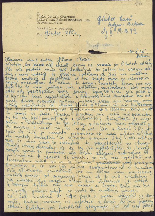 Letter to Raizel and Blima Garncarz, in Polish, Bergen-Belsen, Germany, October 10, 1945