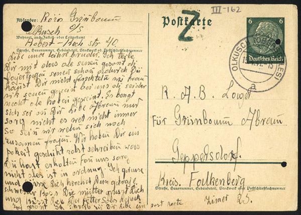 Postcard to Abram Grünbaum and Sala Garncarz, in German, Olkusch, Poland, April 15, 1941
