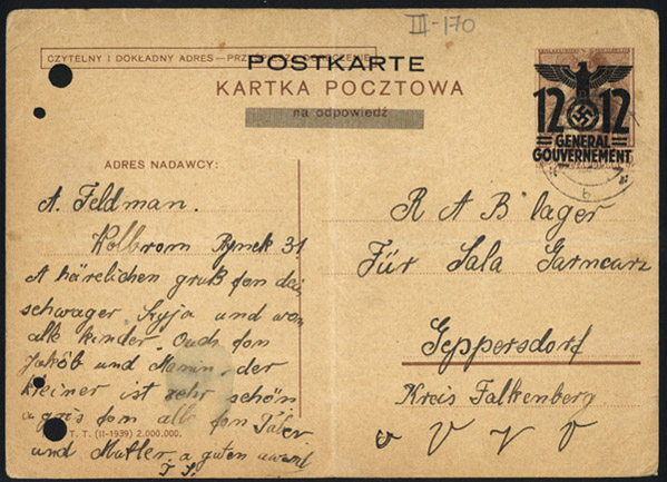 Postcard to Sala Garncarz, in German, Wolbrom, Poland, December 1, 1940