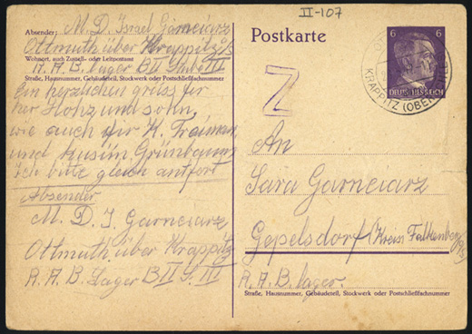 Postcard to Sala Garncarz, in German, Ottmuth über Krappitz, Germany, May 27, 1942
