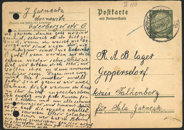 Postcard to Sala Garncarz, in German, Sosnowitz, Poland, December 20, 1940