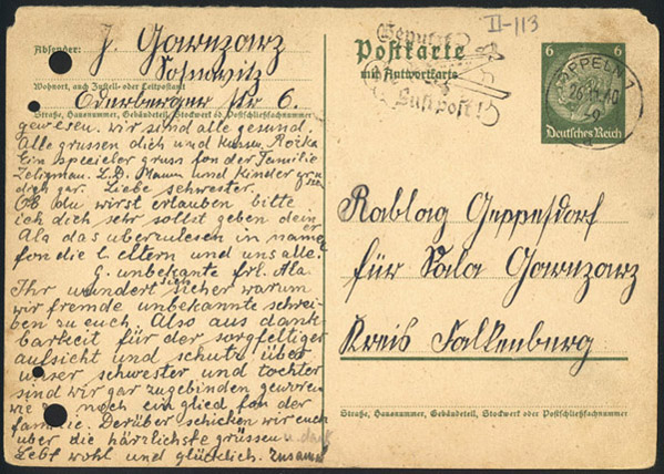 Postcard to Sala Garncarz, in German, Sosnowitz, Poland, November 16, 1940