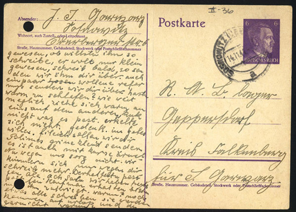 Postcard to Sala Garncarz, in German, Sosnowitz, Poland, November 13, 1941