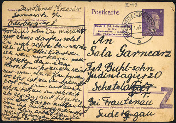 Postcard to Sala Garncarz, in German, Sosnowitz, Poland, January 21, 1943
