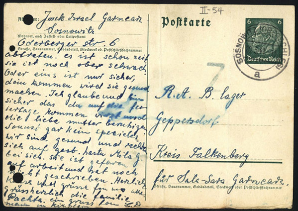 Postcard to Sala Garncarz, in German, Sosnowitz, Poland, May 13, 1941