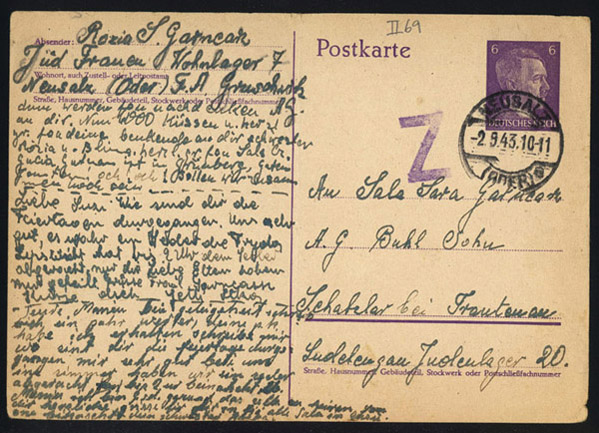 Postcard to Sala Garncarz, in German, Sosnowitz, Poland, December 16, 1941