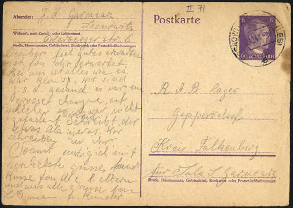 Postcard to Sala Garncarz, in German, Sosnowitz, Poland, December 16, 1941