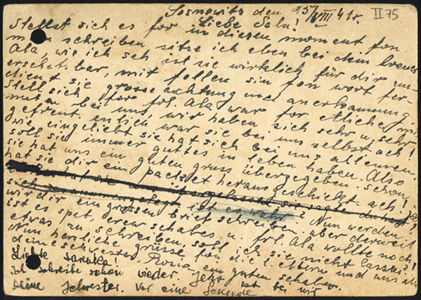 Postcard to Sala Garncarz, in German, Sosnowitz, Poland, August 15, 1941