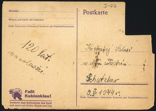 Postcard to Sala Garncarz, in Polish, Schatzlar, Czechoslovakia, March 5, 1944