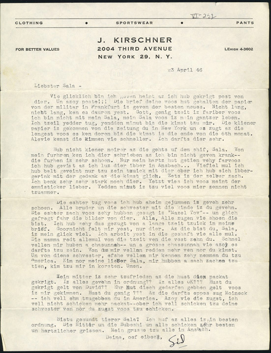 Letter to Sala Garncarz, in transliterated Yiddish, New York, April 23, 1946