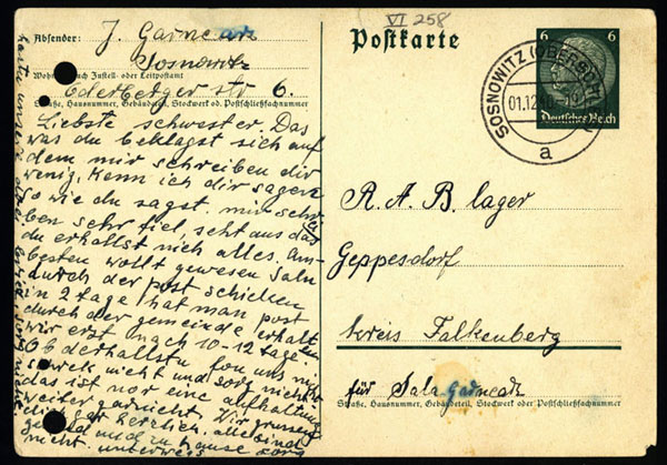 Postcard to Sala Garncarz, in German, Sosnowitz, Poland, December 1, 1940