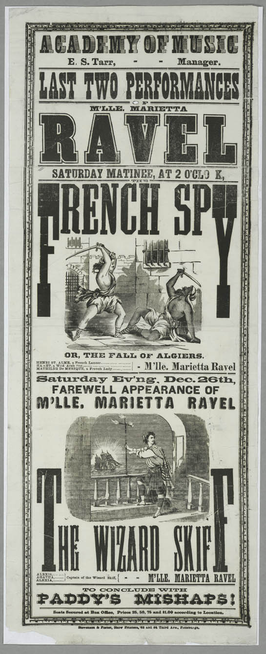 Broadside for Marietta Ravel's productions of The French Spy and The Wizard Skiff, 1866.