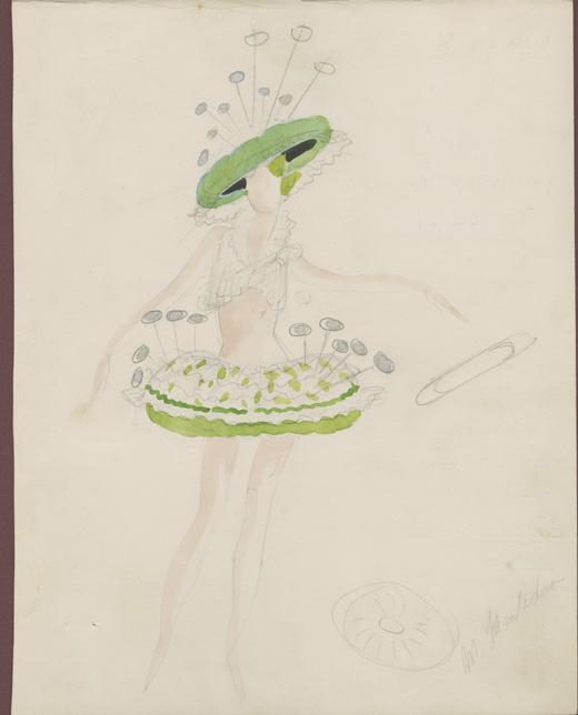 Costume designed by Albert Packard for the pin cushion dancer (lt. green) in the Stitches in Time Prolog, 1930
