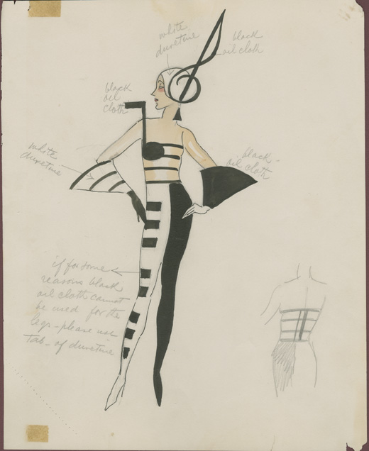 Music note costume designed by Albert Packard for the Roxyettes precision kick line at the Roxy Theater, New York [right side of exhibition logo]