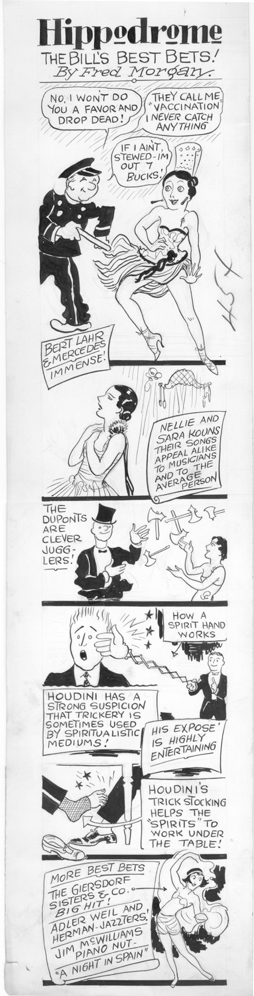 Illustrated review by Fred Morgan
		                of vaudeville at the Hippodrome, featuring Bert Lahr and Mercedes,
		                for the N.Y. Evening Graphic, 1925