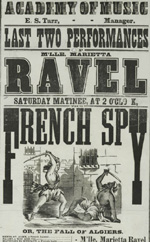 Broadside for Marietta Ravel's productions of The French Spy and The Wizard Skiff, 1866.