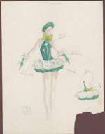 Costume designed by Albert Packard for the pin cushion dancer (dk. green) in the Stitches in Time Prolog, 1930