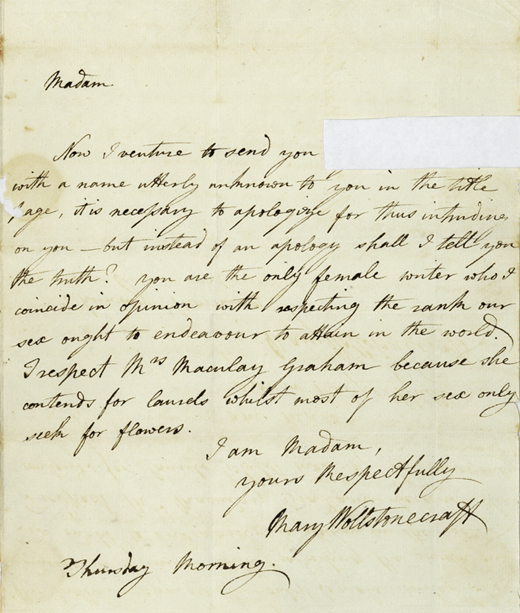 Autograph letter signed to Catharine Macaulay